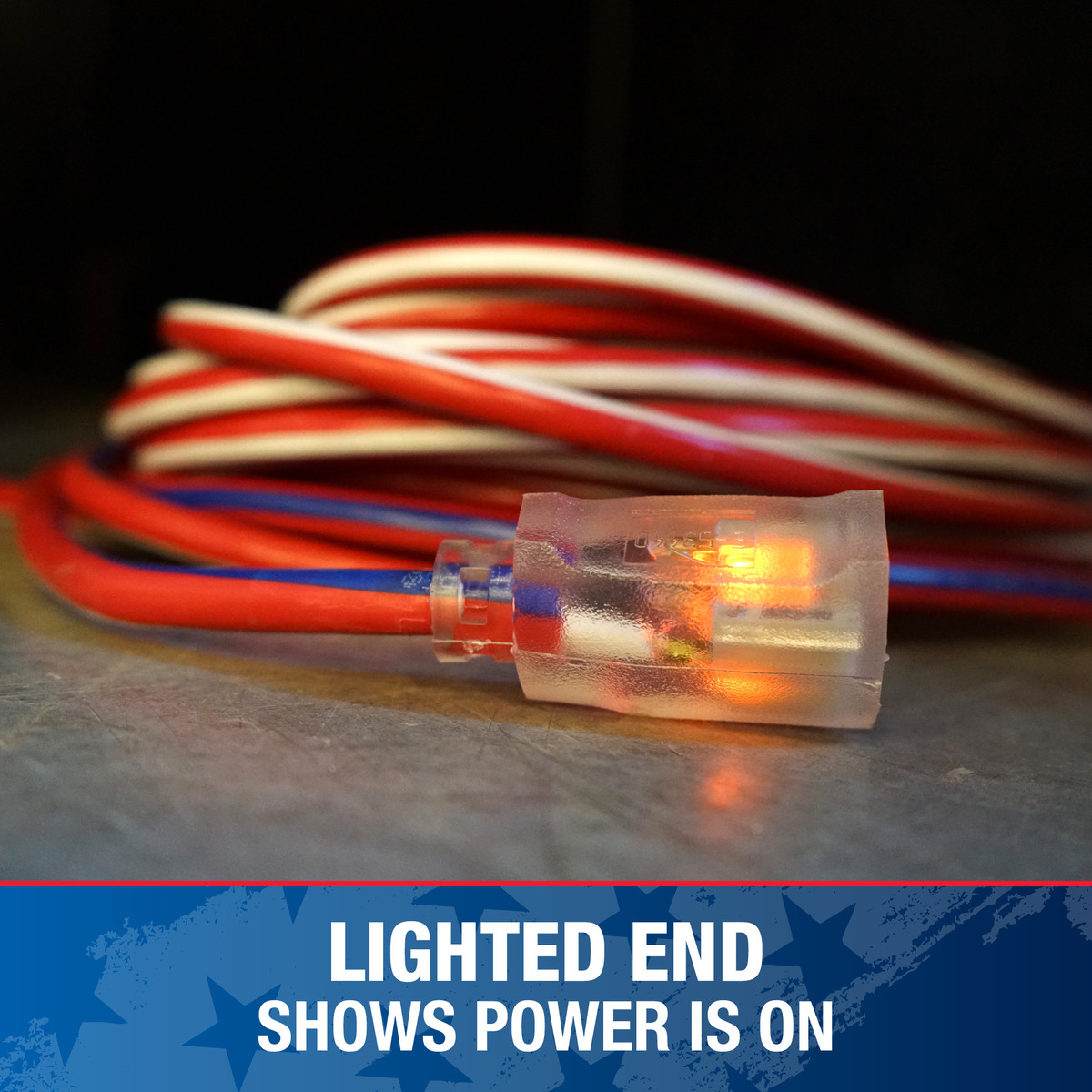 SOUTHWIRE, 12/3 SJTW 50' RED/WHITE/BLUE OUTDOOR EXTENSION CORD WITH POWE R LIGHT INDICATOR