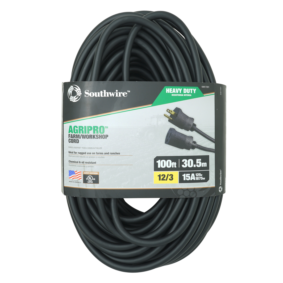 SOUTHWIRE, AGRIPRO 12/3 SJTOW 100' BLACK OUTDOOR WORKSHOP/FARM EXTENSION  CORD