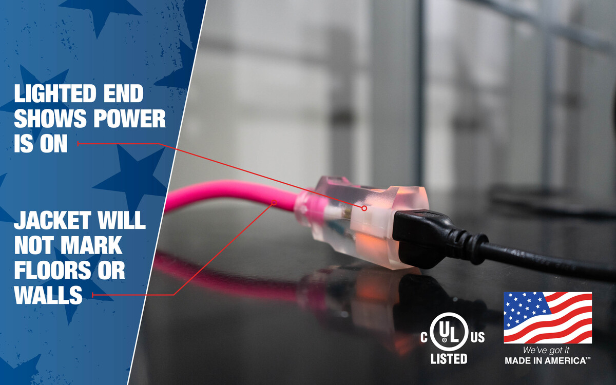 SOUTHWIRE, 12/3 SJTW 100' COOL PINK OUTDOOR EXTENSION CORD WITH POWER LIGHT INDICATOR