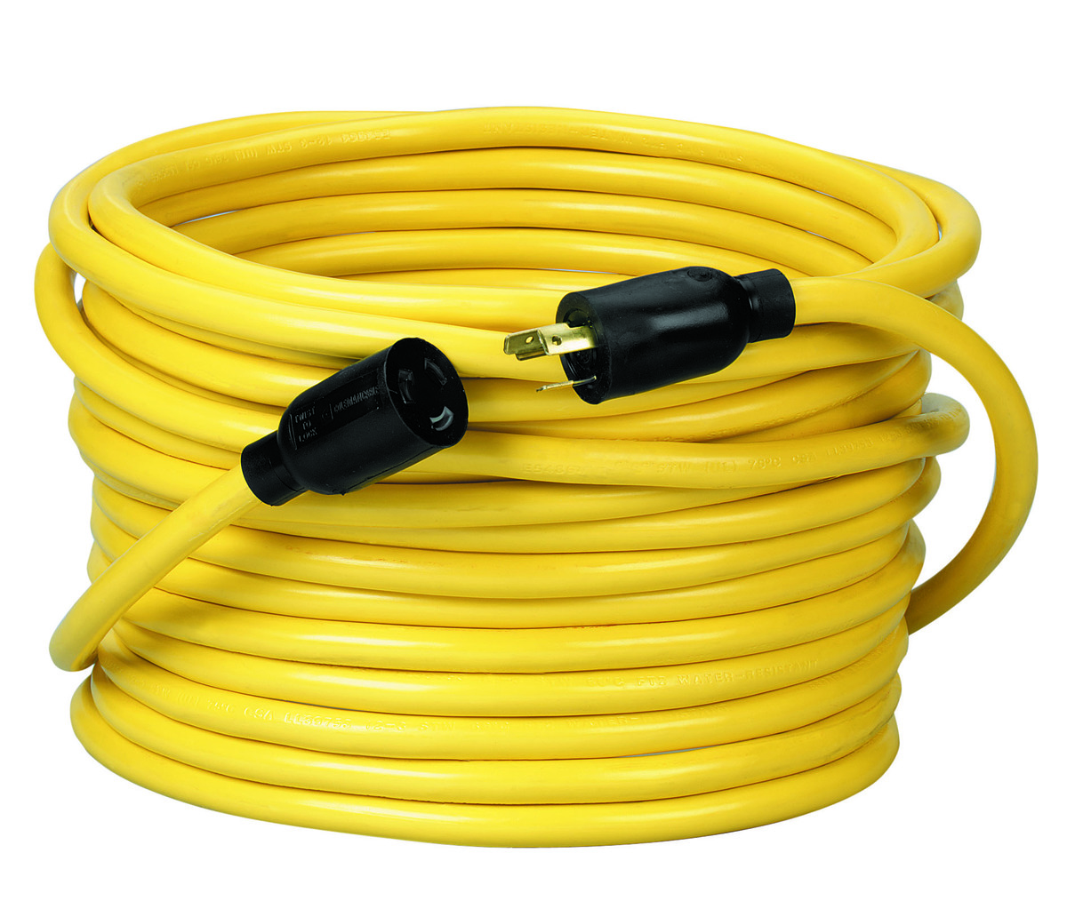 SOUTHWIRE, 12/3 STW 50' YELLOW OUTDOOR TWIST-TO-LOCK NEMA L5-20PEXTENSION  CORD WITH BLACK PLUGS