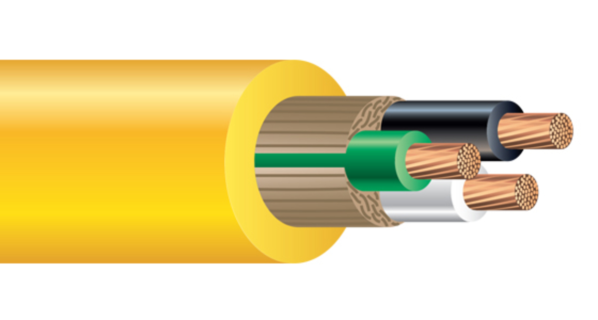 Electrical power cable close up. IEC standard color code. Cross-section  with cable jacket, wire insulations in brown, blue and yellow-green color  with flexible stranded copper wires. Macro photo. Stock Photo