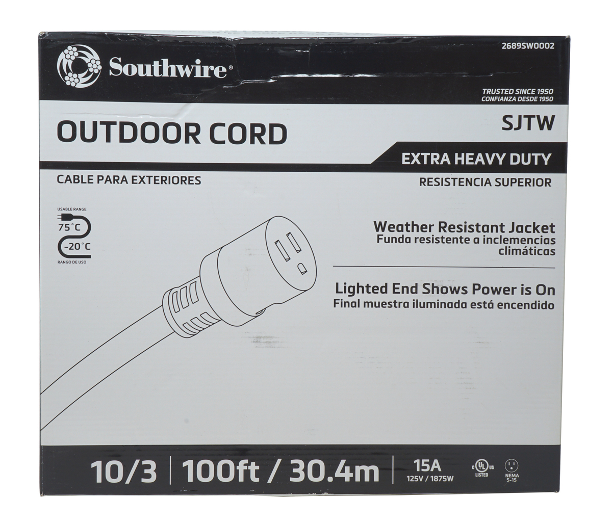 Southwire 2689SW0002 10/3 Extra Heavy-Duty 15-Amp SJTW High Visibility General Purpose Extension Cord with Lighted End, 100