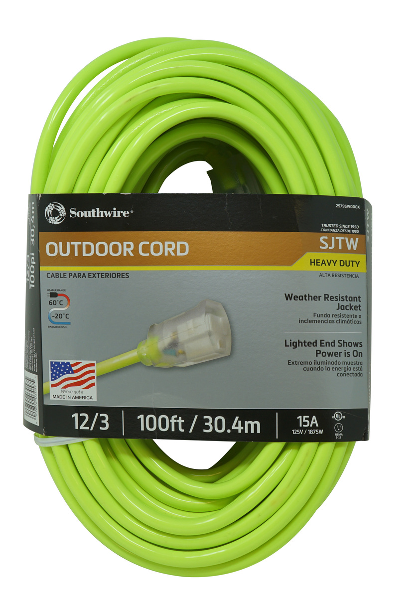 Southwire 2579SW000X 12/3 Heavy-Duty 15-Amp SJTW High Visibility General Purpose Extension Cord with Lighted End, 100