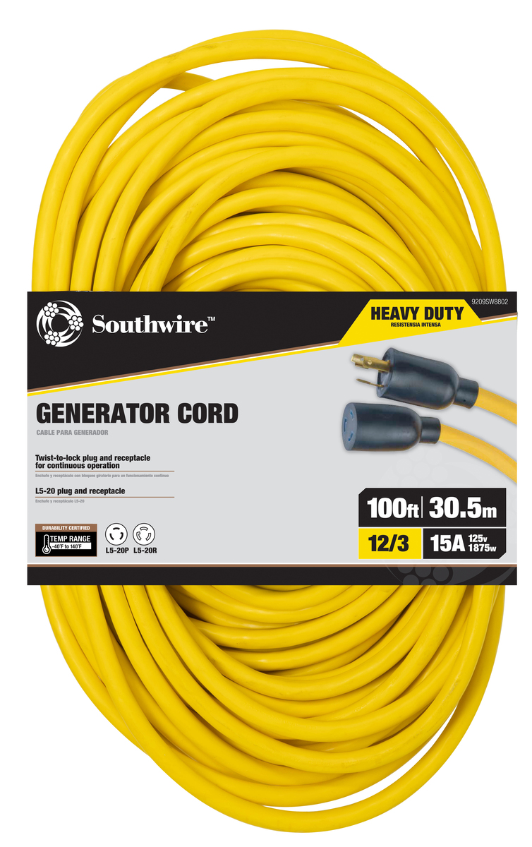 SOUTHWIRE, 12/3 SJTW 100' YELLOW OUTDOOR TWIST-TO-LOCK NEMA L5-20P  EXTENSION CORD