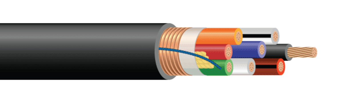 Electrical power cable close up. IEC standard color code. Cross-section  with cable jacket, wire insulations in brown, blue and yellow-green color  with flexible stranded copper wires. Macro photo. Stock Photo