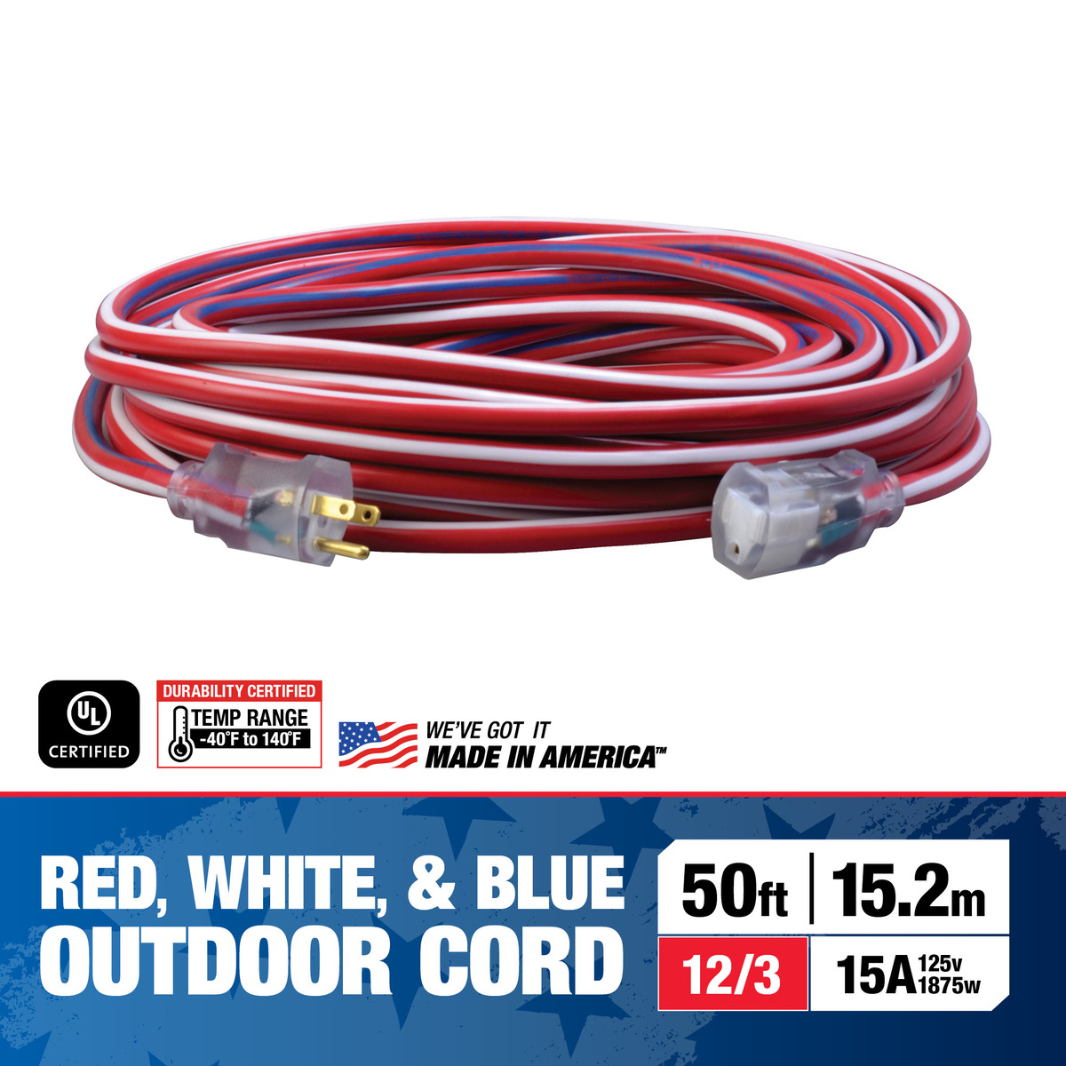 SOUTHWIRE, 12/3 SJTW 50' RED/WHITE/BLUE OUTDOOR EXTENSION CORD WITH POWE R LIGHT INDICATOR