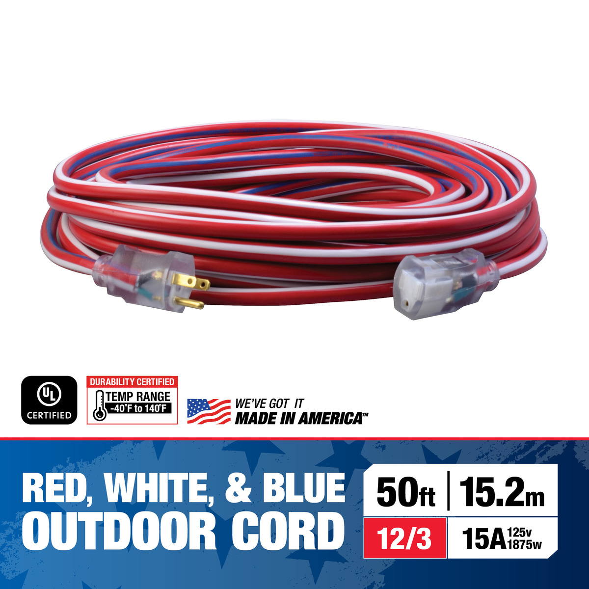 Southwire 2547SWUSA1 25-Foot Contractor Grade 12/3 with Lighted End American Made SJTW Extension Cord - Wounded Warrior Project®