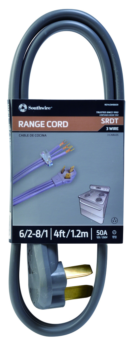 Range Replacement Cord - 6/2-8/1 50-Amp Flat SRDT 3-Wire 4' with NEMA 10-50 Plug - Gray