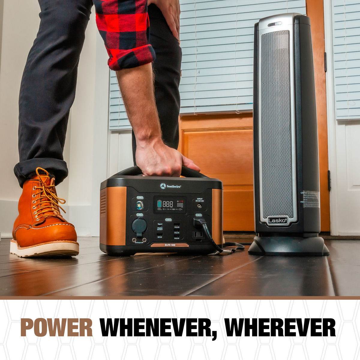 PORTABLE POWER STATION 500 WITH 515 WATT-HOURS OF POWER, FEATURES PURE SINE WAVE, 5 USB PORTS, 2 AC OUTLETS, 12V DC OUTLET. MOLDED HANDLE AND 11.46 LBS