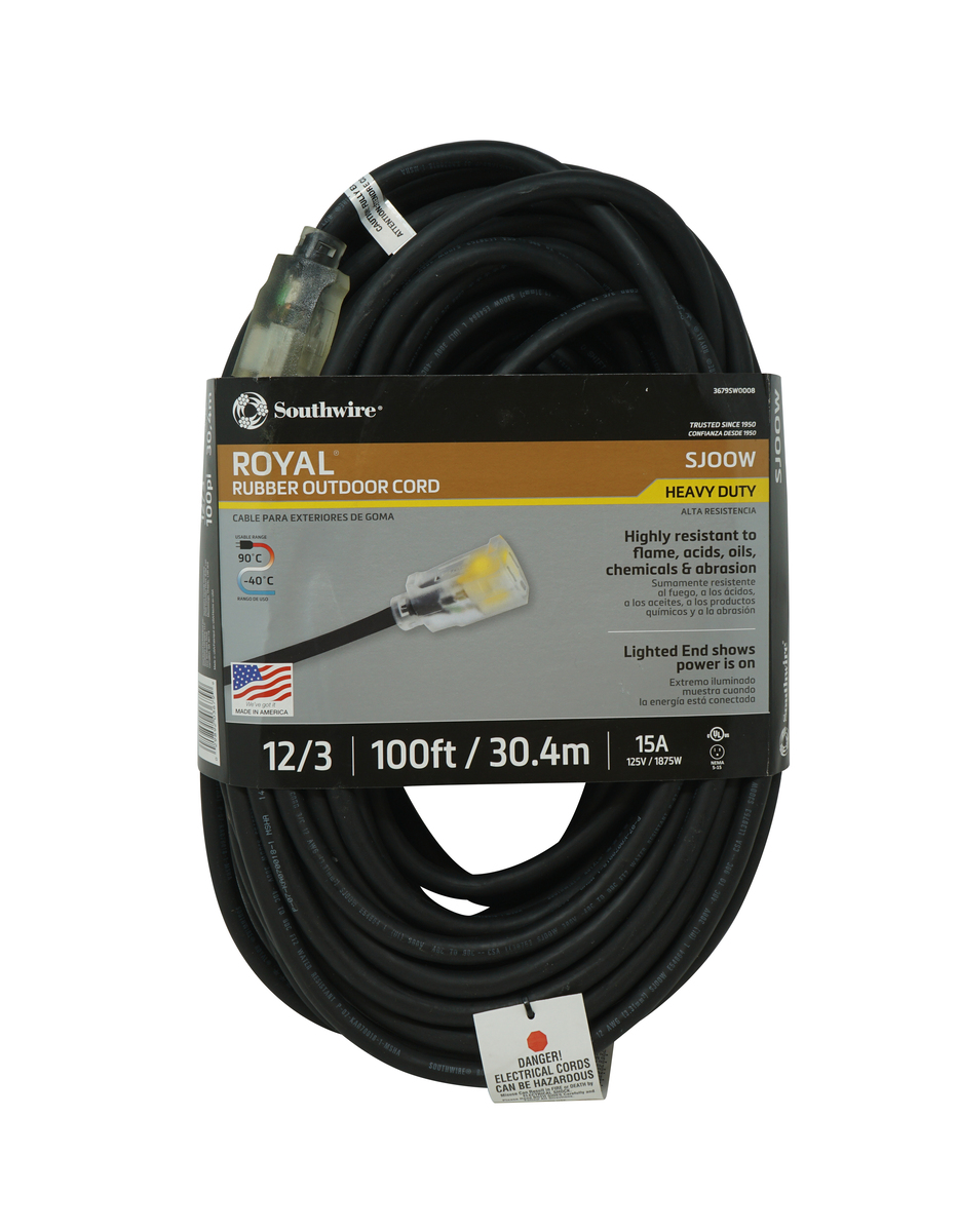 SOUTHWIRE, ROYAL 12/3 SJOOW 100' BLACK RUBBER EXTENSION CORD WITH  POWERLIGHT INDICATOR