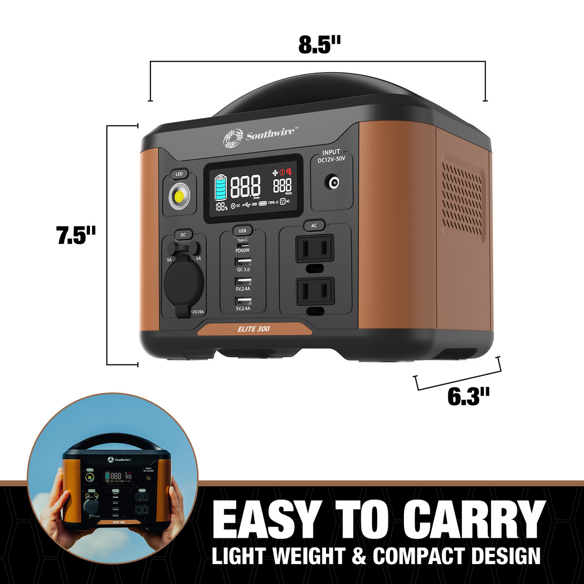 PORTABLE POWER STATION 300 WITH 296 WATT-HOURS OF POWER, FEATURES PURE SINE WAVE, 4 USB PORTS, 2 AC OUTLETS, 12V DC OUTLET. MOLDED HANDLE AND 7.76 LBS