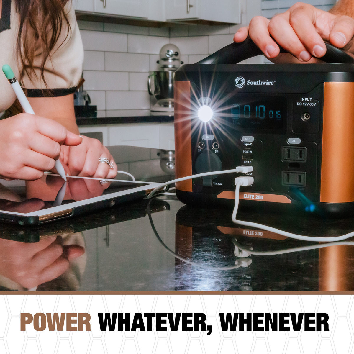 PORTABLE POWER STATION 200 WITH 222 WATT-HOURS OF POWER, FEATURES PURESINE  WAVE, 4 USB PORTS, 2 AC OUTLETS, 12V DC OUTLET. MOLDED HANDLE AND6.6 LBS