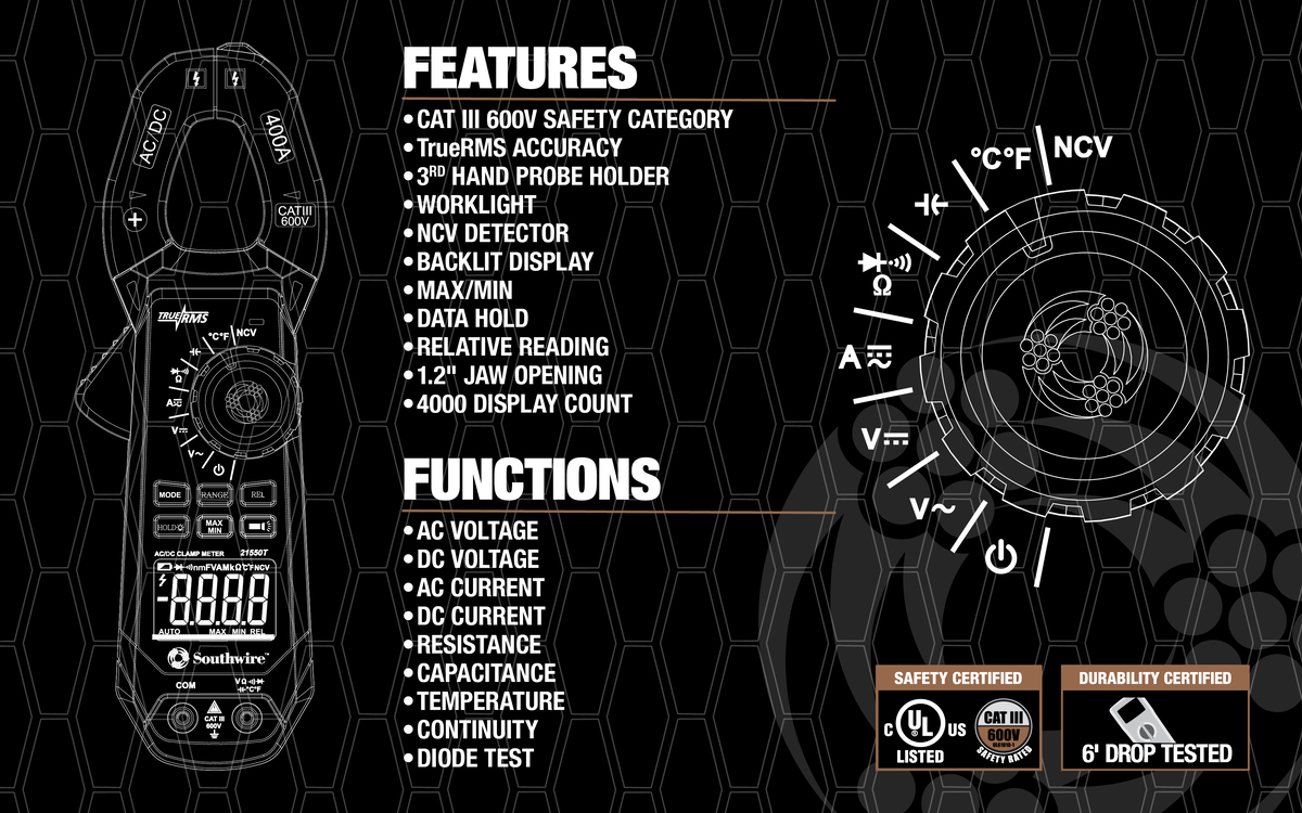 21550T, CLAMP METER 400A AC/DC TRUE RMS | Southwire