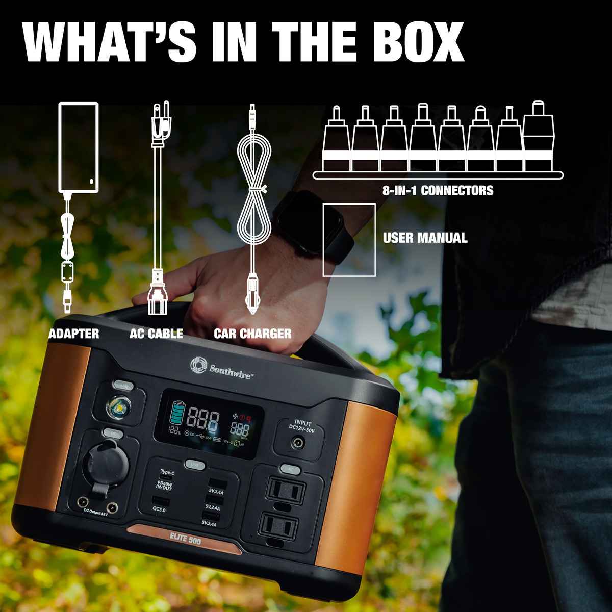 CENTRAL PORTÁTIL 500 CON 515 VATIOS-HORA-HORA DE ENERGÍA, CUENTA CON ONDA PURESINE, PUERTOS DE 5 USB, 2 TOMACORRIENTES DE CA, TOMACORRIENTE DE 12V CC. MANGO MOLDEADO AND11.46 LB