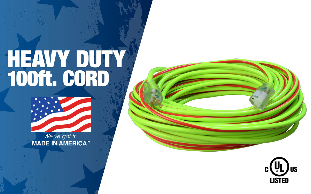 SOUTHWIRE, 12/3 SJTW 100' LIME GREEN/RED OUTDOOR EXTENSION CORD WITH POW ER LIGHT INDICATOR