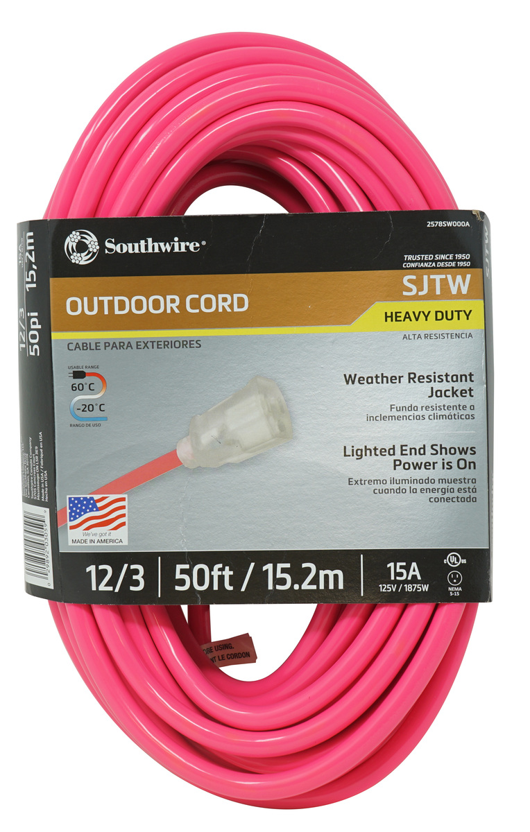 Southwire 2578SW000A 12/3 Heavy-Duty 15-Amp SJTW High Visibility General Purpose Extension Cord with Lighted End, 50