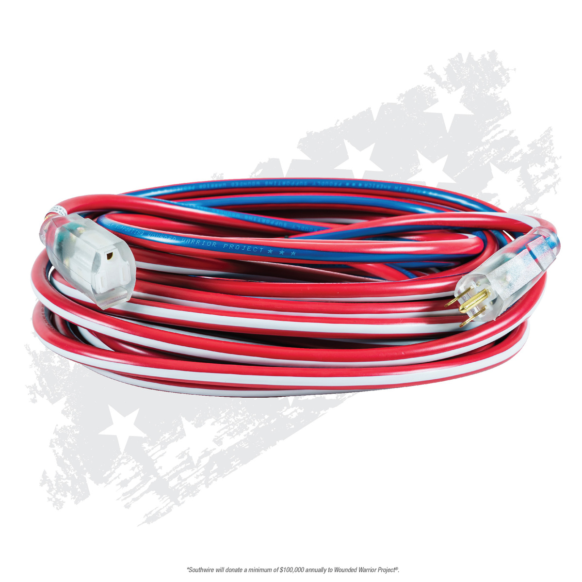 SOUTHWIRE, 12/3 SJTW 50' RED/WHITE/BLUE OUTDOOR EXTENSION CORD WITH POWE R  LIGHT INDICATOR