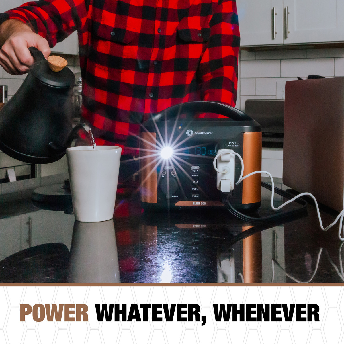 PORTABLE POWER STATION 300 WITH 296 WATT-HOURS OF POWER, FEATURES PURESINE  WAVE, 4 USB PORTS, 2 AC OUTLETS, 12V DC OUTLET. MOLDED HANDLE AND7.76 LBS