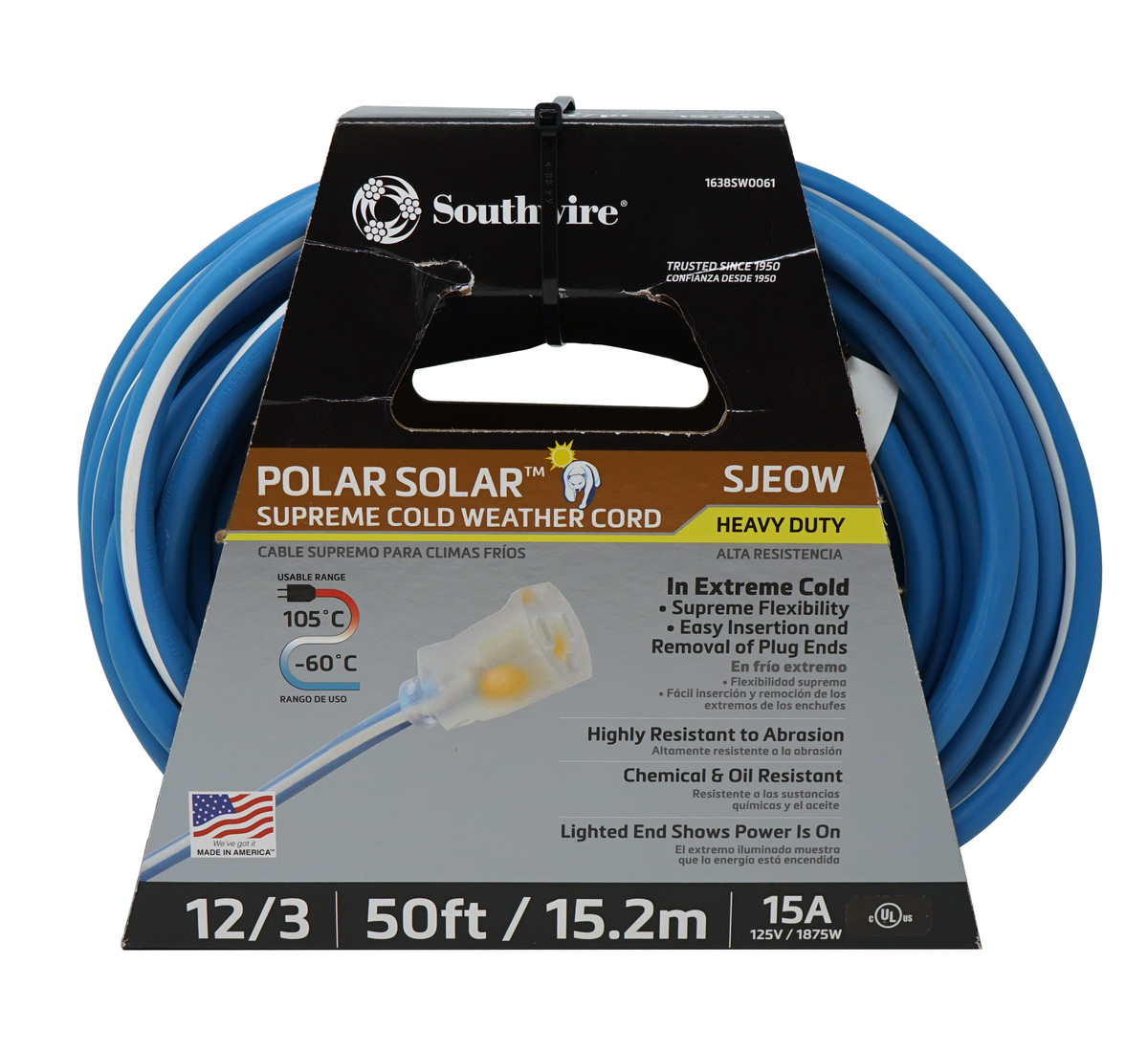 Polar/Solar Supreme 1638SW0061 12/3 Heavy-Duty 15-Amp SJEOW Cold Weather Extension Cord with Lighted End, 50-Feet