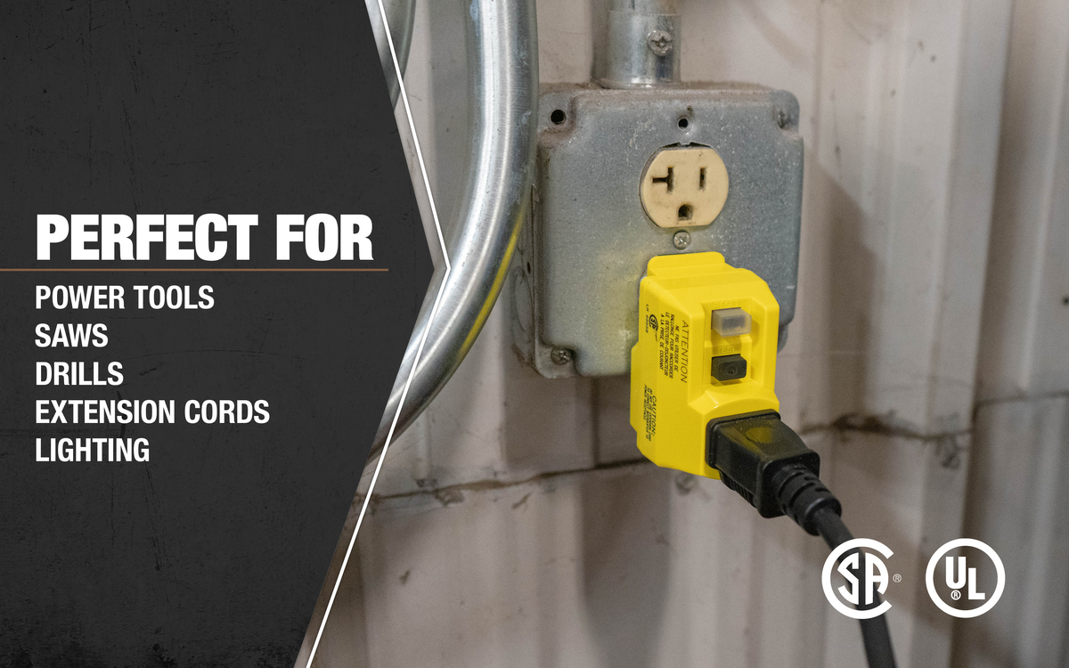 YELLOW 120V/15A SINGLE OUTLET GFCI ADAPTER, BOOTED BUTTON
