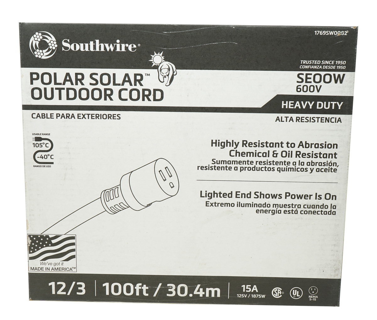 Polar/Solar 1769SW0002 12/3 Heavy-Duty Extra Hard Usage 15-Amp SEOOW Cold Weather Extension Cord, 1000-Feet