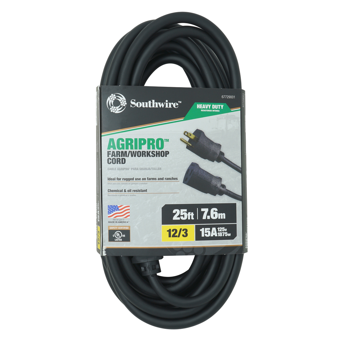 SOUTHWIRE, AGRIPRO 12/3 SJTOW 25' BLACK OUTDOOR WORKSHOP/FARM EXTENSION CORD