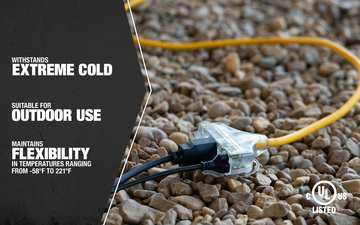 SOUTHWIRE, POLAR SOLAR 12/3 SJEOOW YELLOW TRI-TAP 100' OUTDOOR COLD WEATHER EXTENSION CORD WITH POWER LIGHT INDICATOR