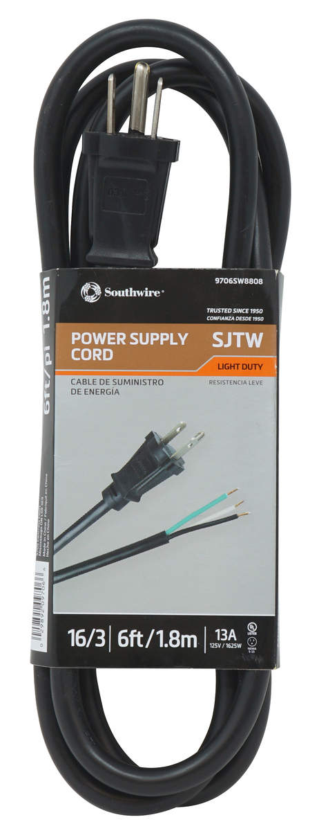 SOUTHWIRE, 16/3 SJTW 6' BLACK ROUND INDOOR REPLACEMENT POWER SUPPLY CORD