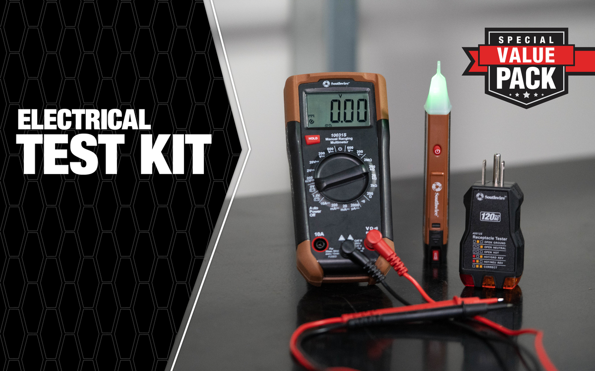 Electrical Test Kit consisting of 600V manual-ranging multimeter, 120V AC receptacle tester, and 90-1000V non-contact voltage tester