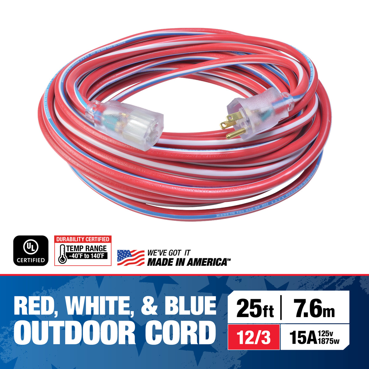 SOUTHWIRE, 12/3 SJTW 25' RED/WHITE/BLUE OUTDOOR EXTENSION CORD WITH POWER LIGHT INDICATOR