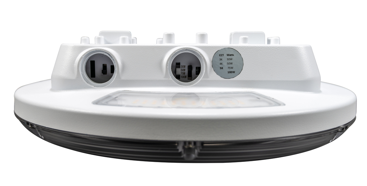 100W LED Parking Garage with Uplight and Emergency Battery Backup Low profile with Power and CCT Selectability 30W 50W 75W 100W 3000K 4000K 5000K Sensor ready 120 277V White Southwire