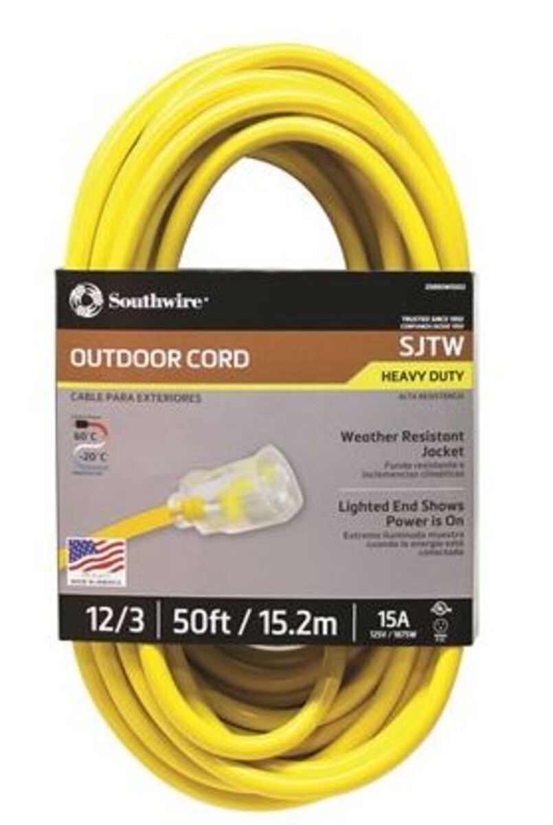 Southwire 2588SW0002 Outdoor Extension Cord- 12/3 SJTW Heavy Duty 3 Prong Extension Cord- Great for Commercial Use, Gardening, and Major Appliances (50 Foot- Yellow)