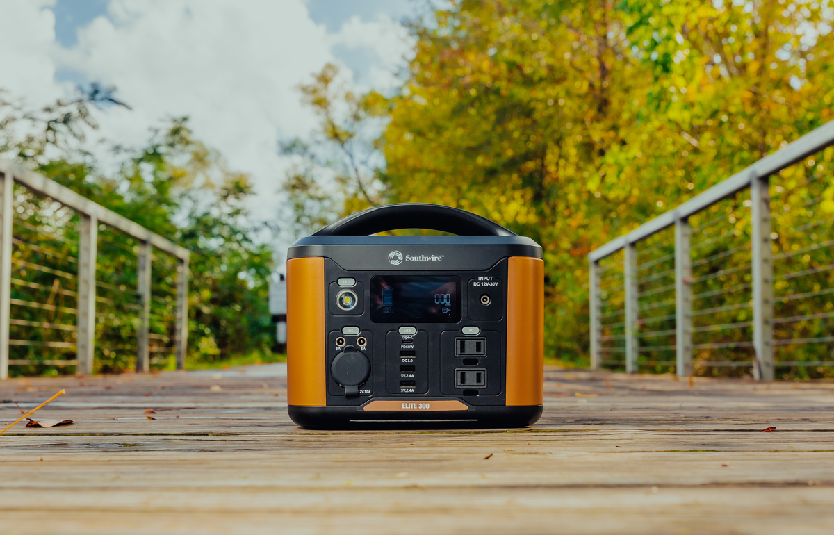 PORTABLE POWER STATION 300 WITH 296 WATT-HOURS OF POWER, FEATURES PURE SINE WAVE, 4 USB PORTS, 2 AC OUTLETS, 12V DC OUTLET. MOLDED HANDLE AND 7.76 LBS
