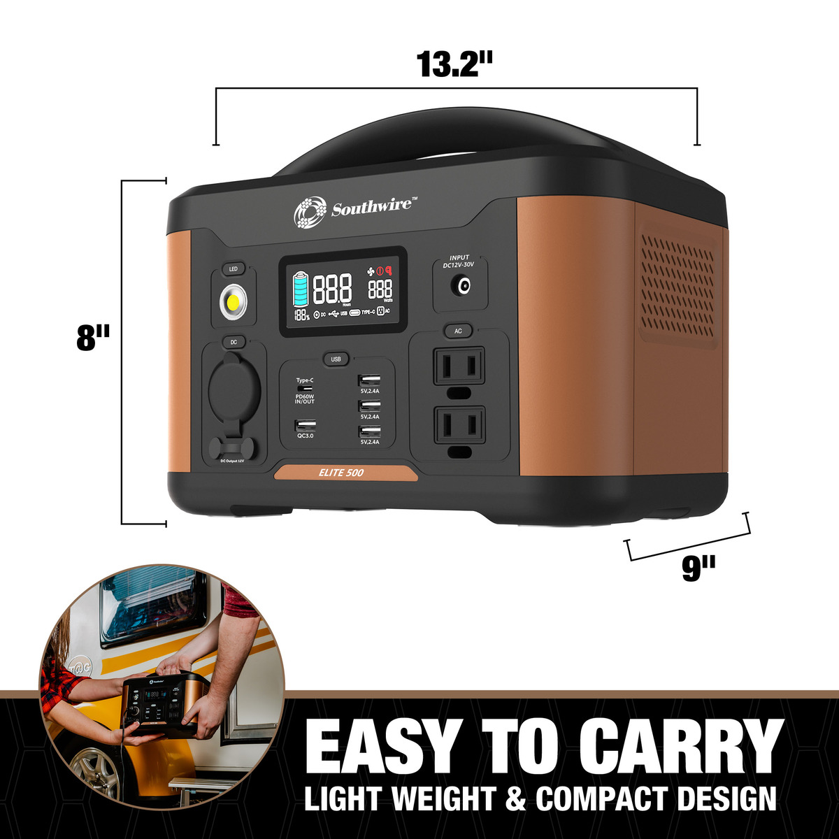 CENTRAL PORTÁTIL 500 CON 515 VATIOS-HORA-HORA DE ENERGÍA, CUENTA CON ONDA PURESINE, PUERTOS DE 5 USB, 2 TOMACORRIENTES DE CA, TOMACORRIENTE DE 12V CC. MANGO MOLDEADO AND11.46 LB