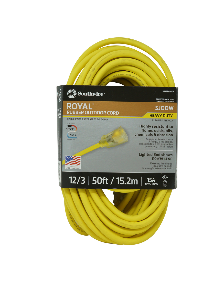 SOUTHWIRE, ROYAL 12/3 SJOOW 50' YELLOW RUBBER EXTENSION CORD WITH