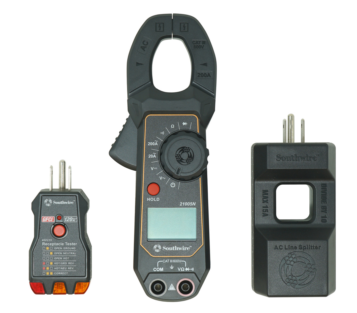 Clamp Meter Kit consisting of 200A AC clamp meter, AC Line Splitter, and 120V AC GFCI Receptacle Tester