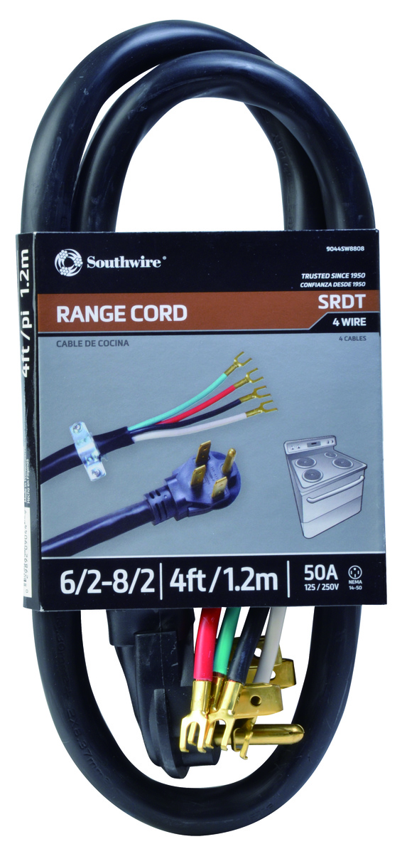 Range Replacement Cord - 6/2-8/2 50-AmpRound SRDT 4-Wire 4' with NEMA 14-50 Plug - Black