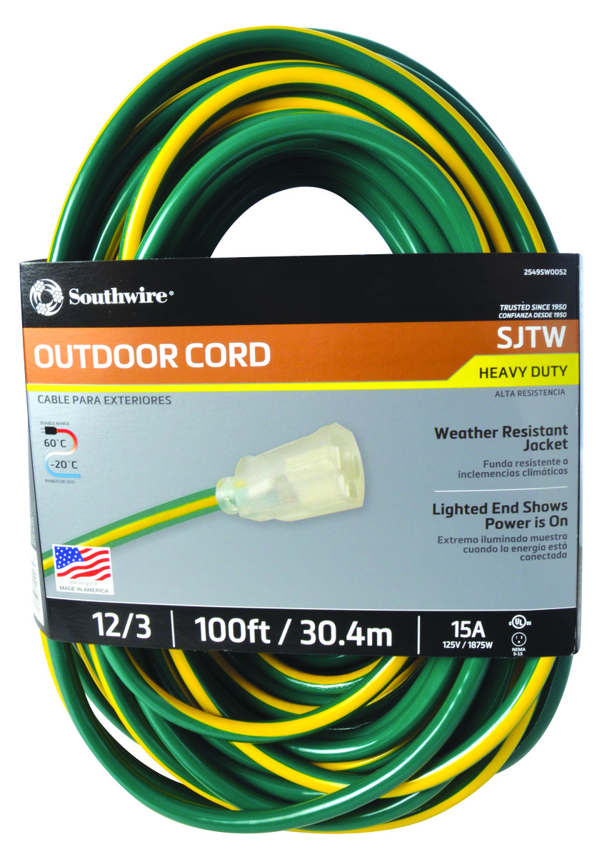 SOUTHWIRE, 12/3 SJTW 100' DARK GREEN/YELLOW OUTDOOR EXTENSION CORD WITHPOWER LIGHT INDICATOR