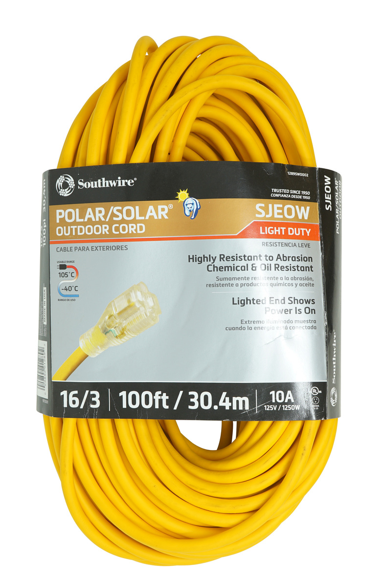 SOUTHWIRE, POLAR SOLAR 16/3 SJEOW 100' YELLOW OUTDOOR COLD WEATHER