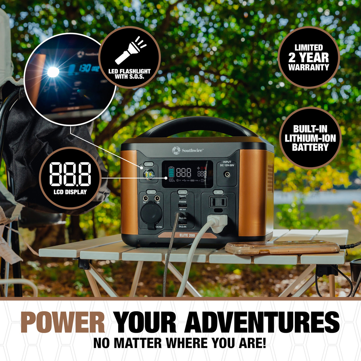 PORTABLE POWER STATION 200 WITH 222 WATT-HOURS OF POWER, FEATURES PURESINE  WAVE, 4 USB PORTS, 2 AC OUTLETS, 12V DC OUTLET. MOLDED HANDLE AND6.6 LBS