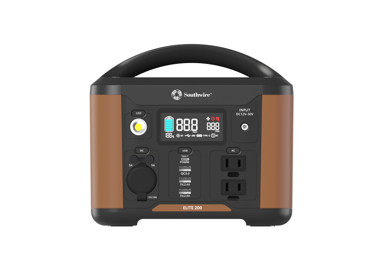 PORTABLE POWER STATION 200 WITH 222 WATT-HOURS OF POWER, FEATURES PURESINE  WAVE, 4 USB PORTS, 2 AC OUTLETS, 12V DC OUTLET. MOLDED HANDLE AND6.6 LBS