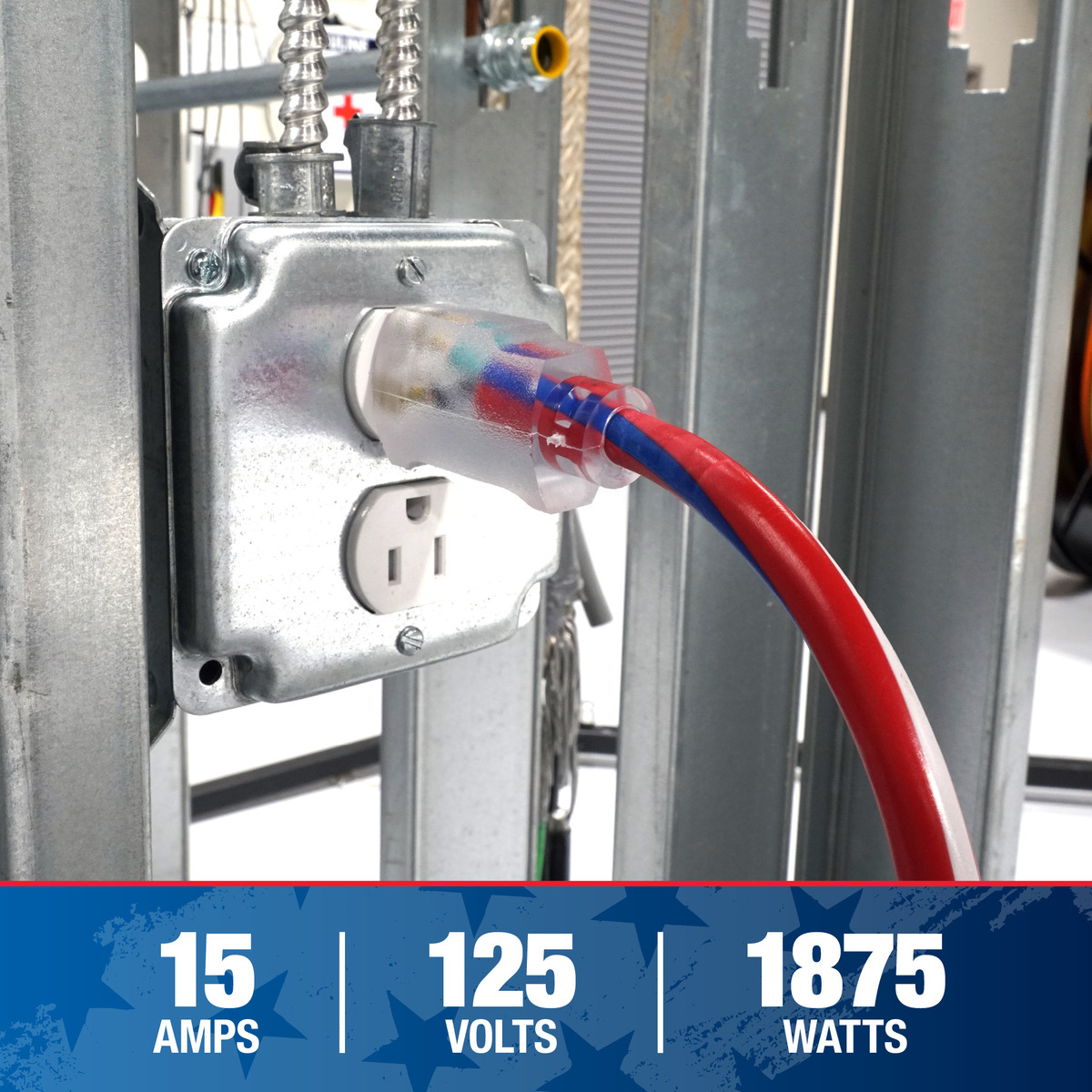 SOUTHWIRE, 12/3 SJTW 50' RED/WHITE/BLUE OUTDOOR EXTENSION CORD WITH POWE R LIGHT INDICATOR
