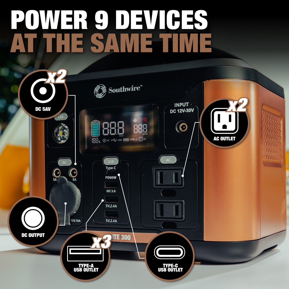 CENTRAL PORTÁTIL 300 CON 296 VATIOS-HORA-HORA DE POTENCIA, CUENTA CON ONDA PURESINE, PUERTOS DE 4 USB, 2 TOMACORRIENTES DE CA, TOMACORRIENTE DE 12V CC. MANGO MOLDEADO AND7,76 LBS