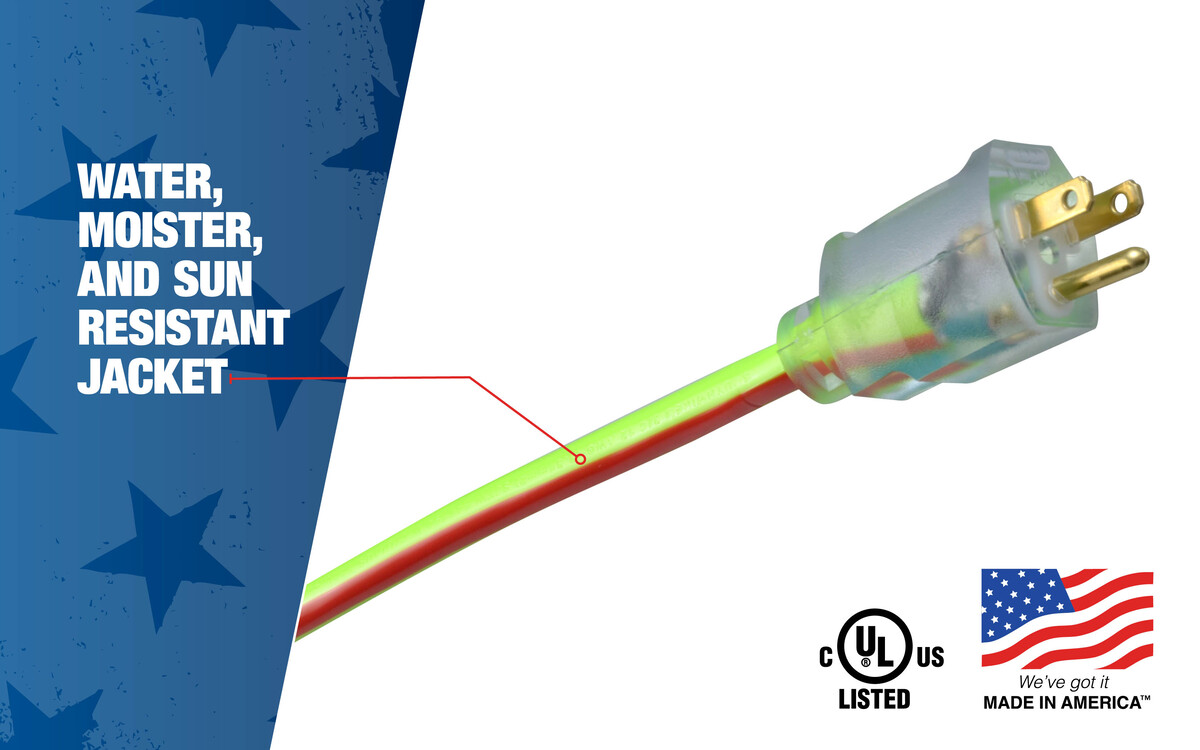 SOUTHWIRE, 12/3 SJTW 100' LIME GREEN/RED OUTDOOR EXTENSION CORD WITH POW ER LIGHT INDICATOR