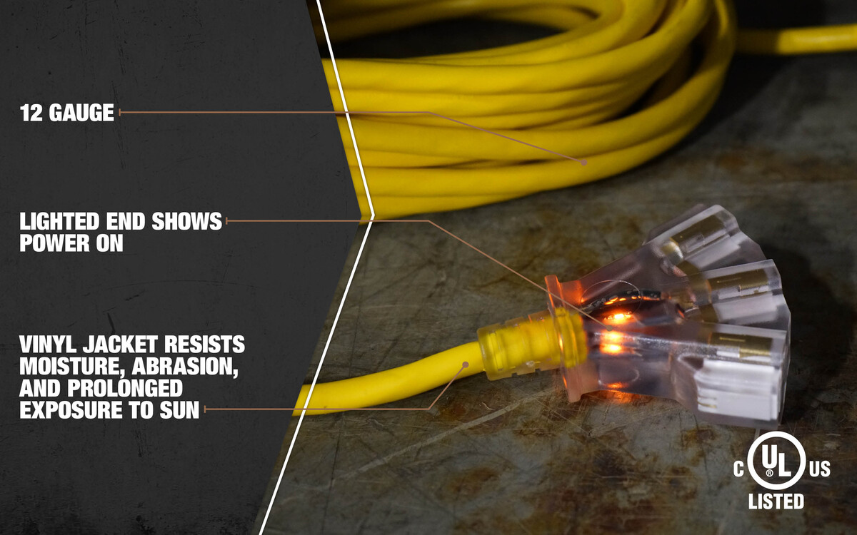 12/3 SJTW 50' YELLOW TRITAP OUTDOOR EXTENSION CORD WITH POWER LIGHTINDICATOR