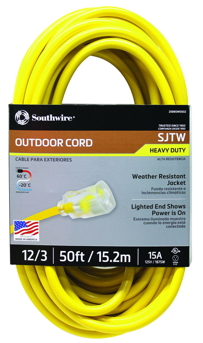 Southwire 2588SW0002 Outdoor Extension Cord- 12/3 SJTW Heavy Duty 3 Prong Extension Cord- Great for Commercial Use, Gardening, and Major Appliances (50 Foot- Yellow)