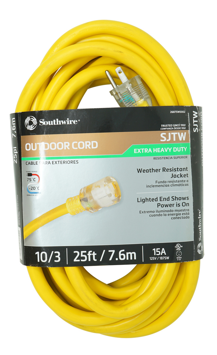 Southwire 2687SW0002 10/3 Extra Heavy-Duty 15-Amp SJTW High Visibility General Purpose Extension Cord with Lighted End, 25
