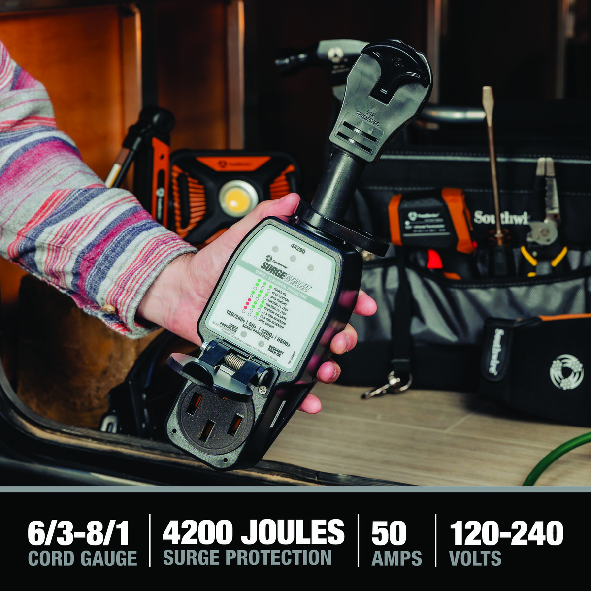SURGE PROTECTOR, 240V 50AMP, P&R, BLK