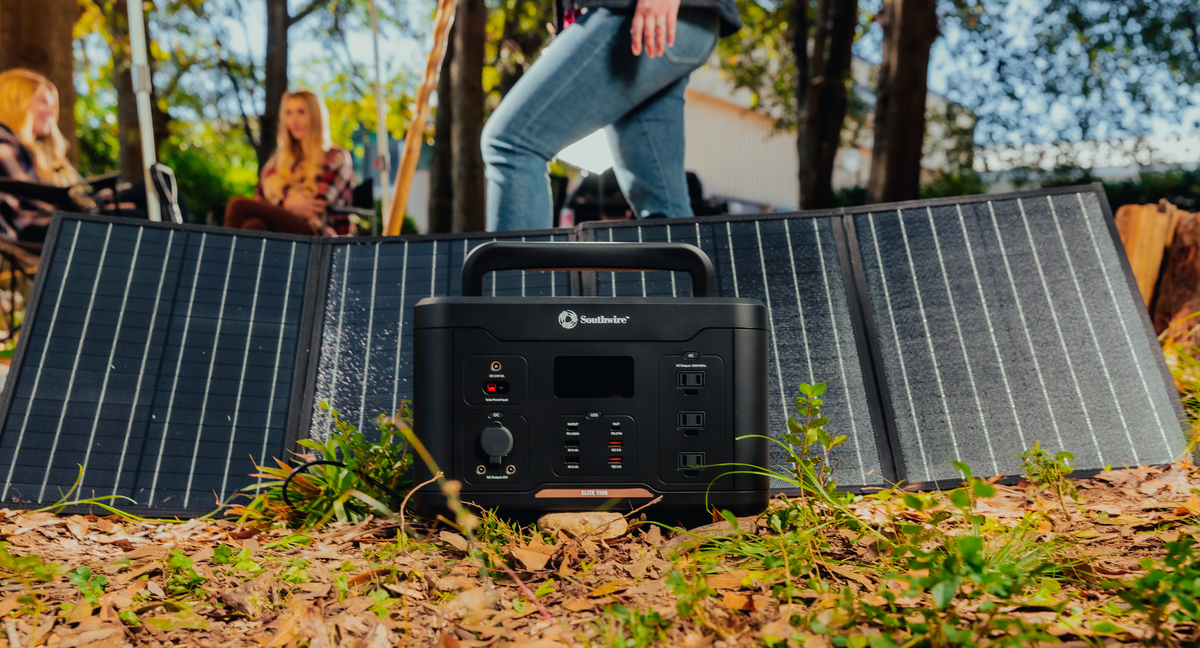 PORTABLE POWER STATION 1100 WITH 1166 WATT-HOURS OF POWER, FEATURES PURE SINE WAVE, 6 USB PORTS, 3 AC OUTLETS, 12V DC OUTLET. FOLDING HANDLE AND 22.5 LBS