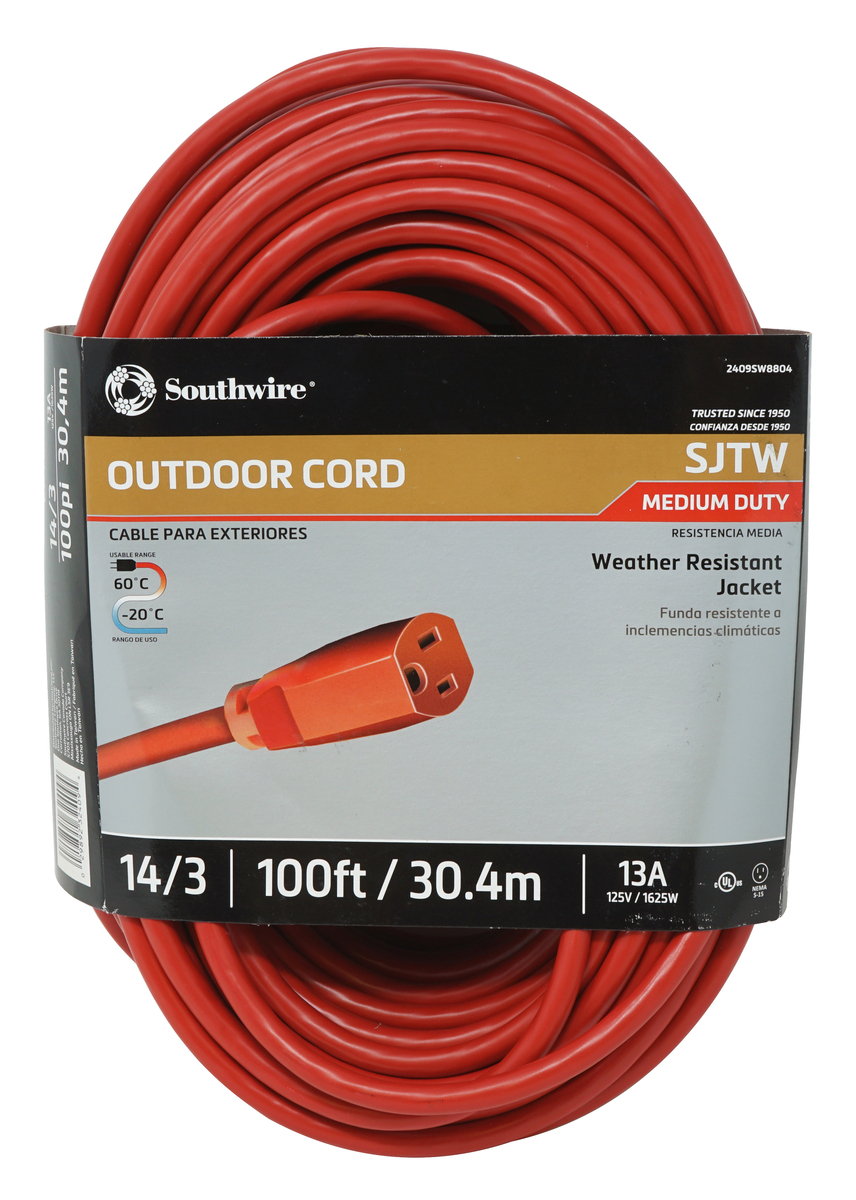 Southwire 2409SW8803 14/3 Medium-Duty 13-Amp SJTW General Purpose Extension Cord, 100-Feet